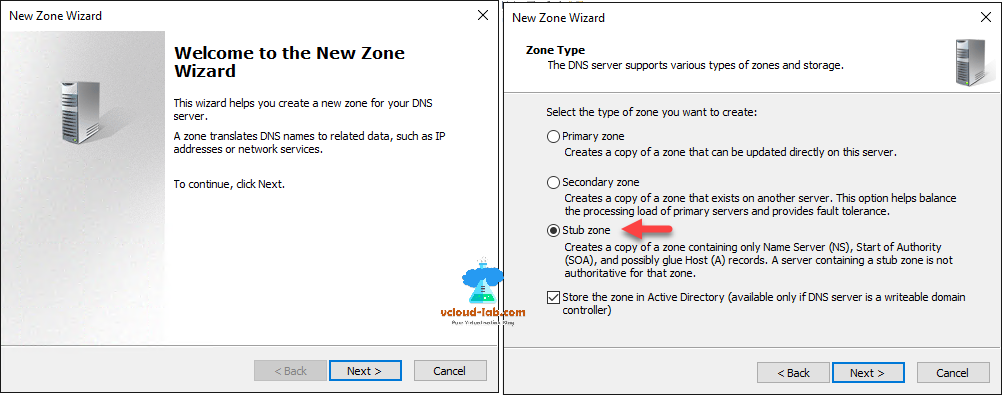 DNS Manager new zone wizard primary zone, secondary zone, stub zone, store the zone in active directory