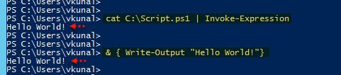 Execute Powershell get-content, cat, hello world write-output,  Invoke-expression, iex, running script execution policy unrestricted, script in curly braces