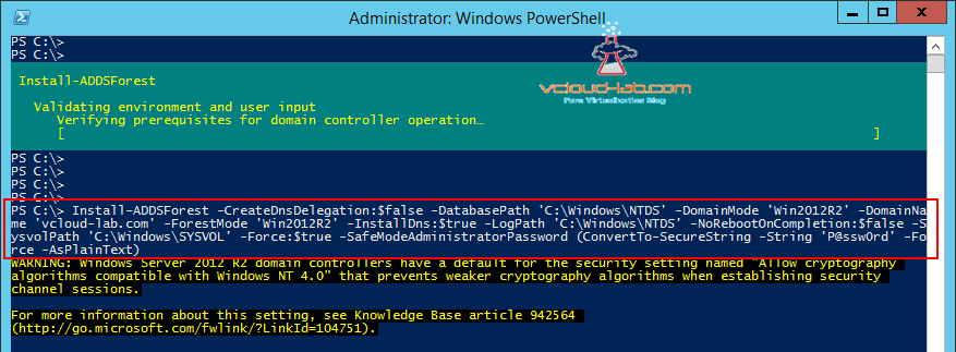 Install-ADDSForest install active directory using powershell