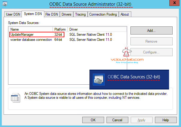 Update Manger ODBC 32 SQL server database DSN creation