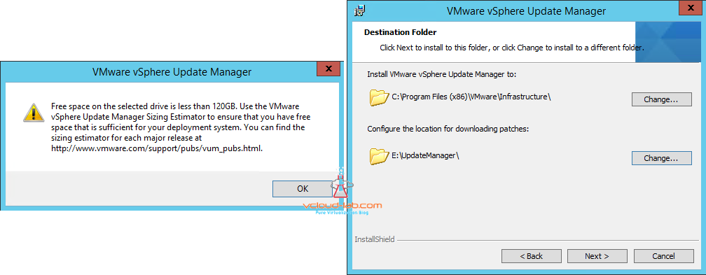 vmware vsphere update manager free space sizing estimator and drive location
