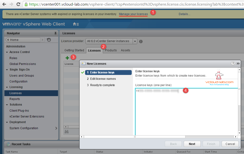 vSphere Web client There are vcenter server systems with expired or expiring licenses in your inventory manage your licenses