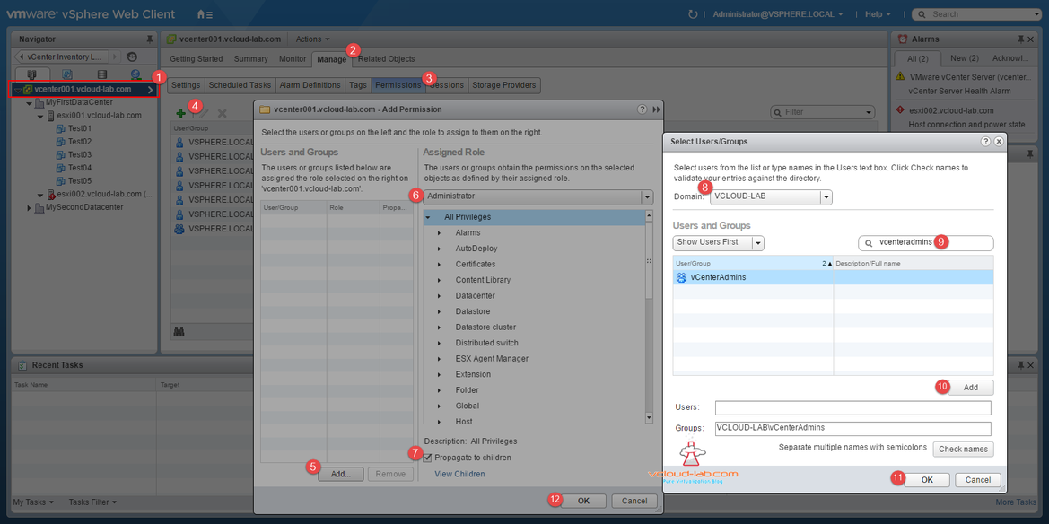 vmware vsphere web client add manage permissions administrator, groups, users, propogate