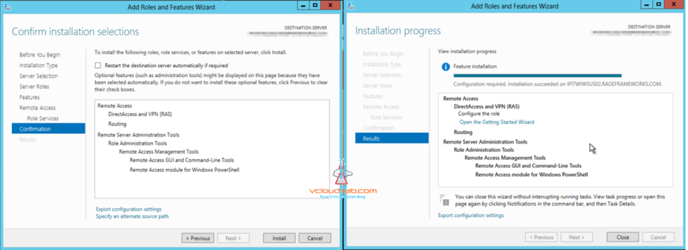 Azure add roles and features wizard directaccess and VPN (RAS), Routing installation feature successful
