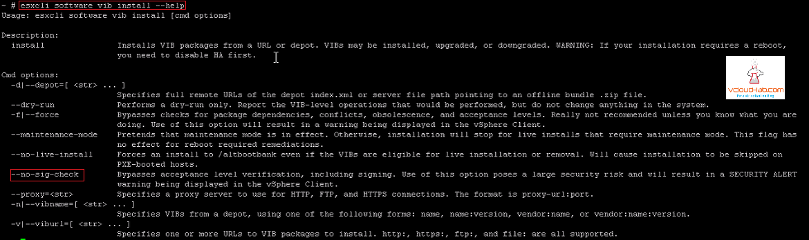 vmware vcenter esxi vsphere esxcli software vib install --help additional hidden parameters