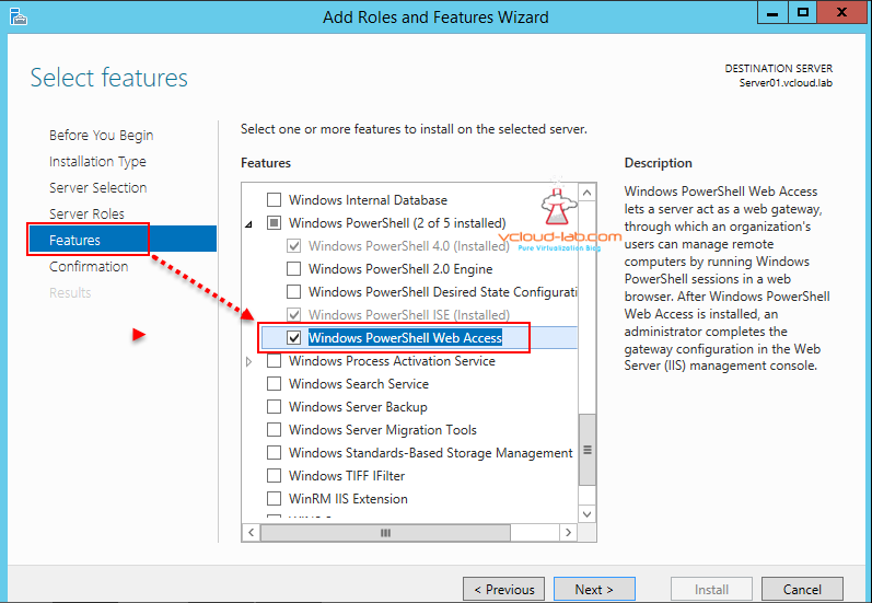 Microsoft Windows server 2012 r2 Add roles and features wizard, windows powershell web access installation