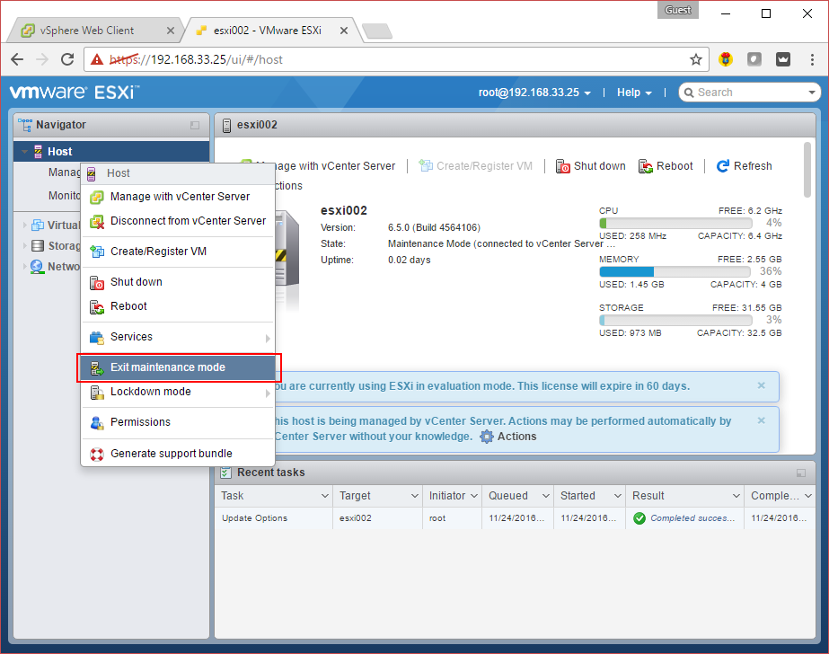 vmware vsphere esxi server ui login embedded web client how to exit maintenance mode.png