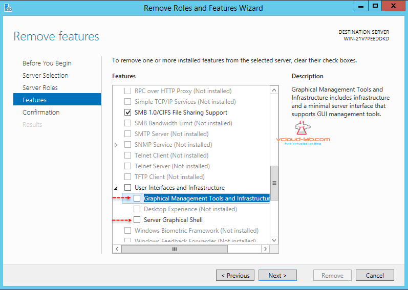Micrsoft Windows server 2012 r2, windows server 2016, Server Manager remove roles and features, user interfaces and infrastructure, Server Graphical Shell