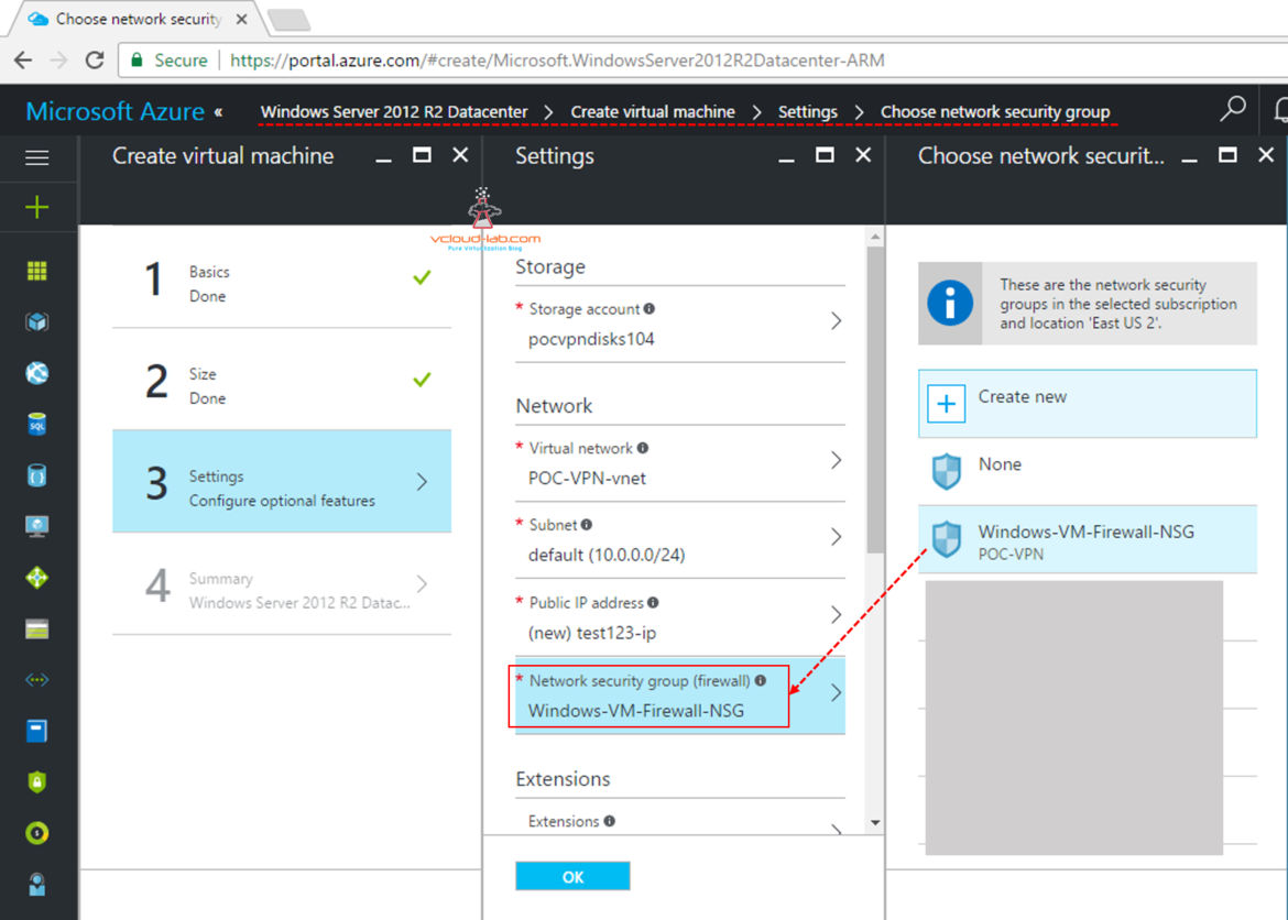 Microsoft Azure attaching or associating existing NSG Network Security Group on virtual machine vm in Settings Configure optional features choose firewall