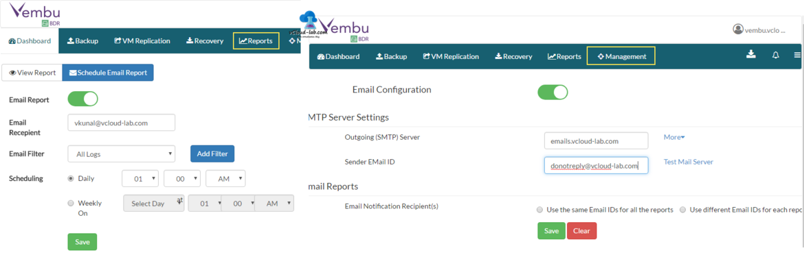 12 VEMBU BDR Report schedule email reports, management email configuration, smtp and send id.png