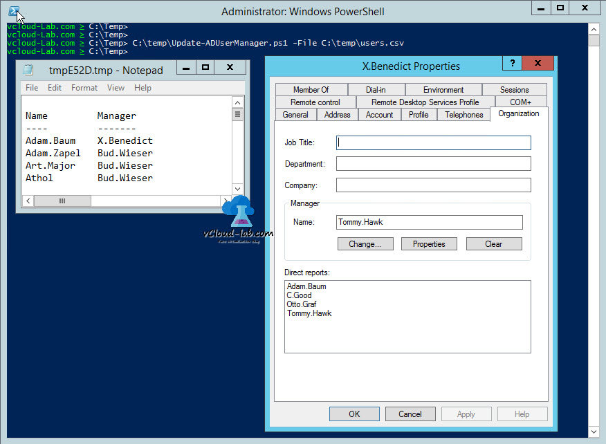 Update-ADUserManager change manager active directory user properties csv, powershell