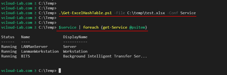 Powershell excel to hashtable, service restart from hashtable