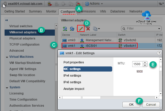 VMware vSPHERE web client vcenter esxi vswitch, virtual switches, standard switch, edit virtual switch properties, increase change MTU settings on VMKernel Port, NIC settings , edit settings vmware