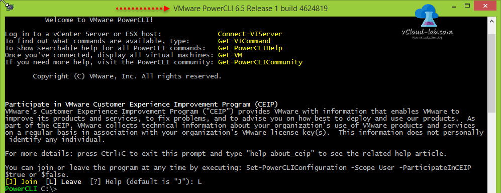 VMWare Powercli 6.5 release 1 console, connect-viserver, Get-VICommand, Get-PowercliHelp, Get-VM, Get-PowerCLICOmmunity, CEIP