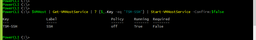 Remotely vmware vsphere esxi Get-VMHostservice TSM-SSH, Where-Object enable SSH powercli Start-VMhostService -confirm
