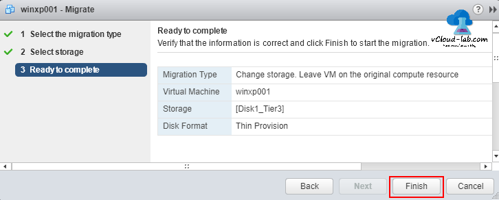 vmware vsphere esxi vcenter migrate, vmotion ready to complete select storage datastore, disk formation thin, virtual machine, migration type, compute resource