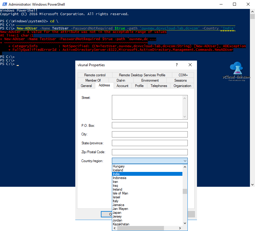 Active directory domain controller powershell, active directory user properties create new-aduser country a value for the attribute was not in the acceptable range of values