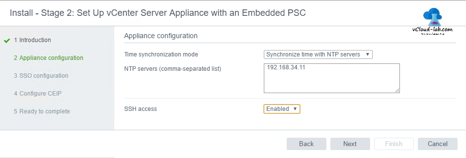 Install stage 2 set up vcenter server appliance with an Embedded PSC NTP server configuration introduction page
