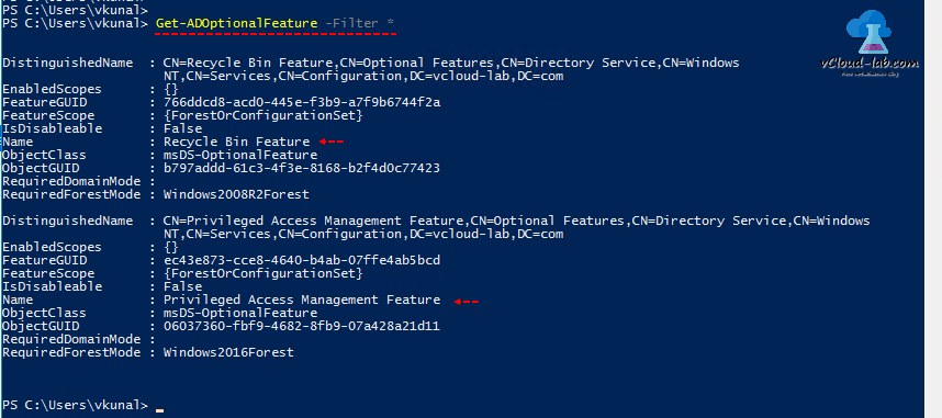 Windows Powershell Get-AdOptionalFeature option active directory option features filter, Privileged Access Management Feature