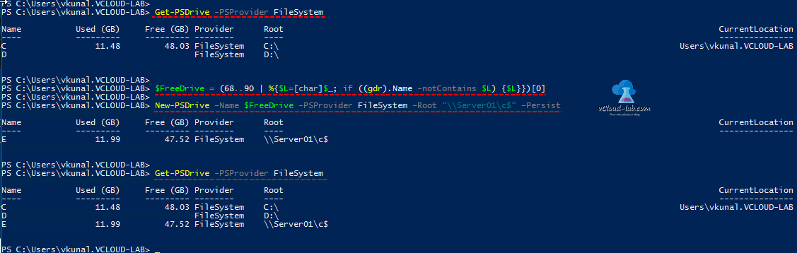 Powershell find free available drive letter get-psdrive, char notcontains, New-PSDrive Psprovider root persist