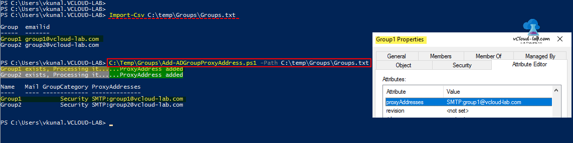 Active Directory domain controller Powershell, get-Adgroup, proxyaddress, get-aduser, set-adgroup, set-aduser email, mail, groupcatogary change information