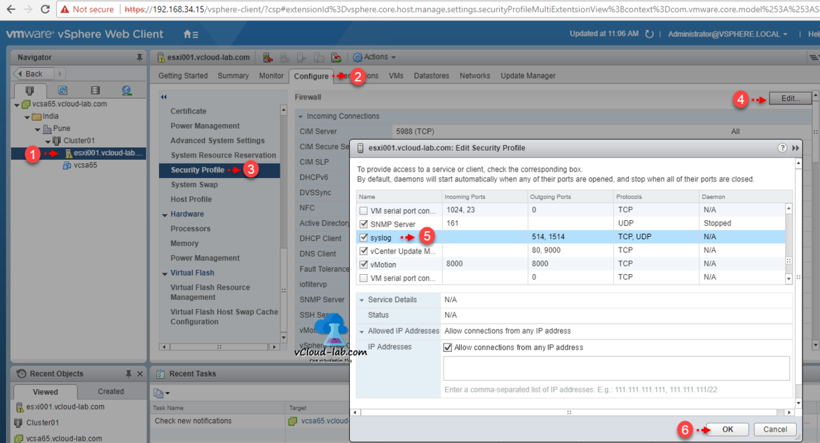 vmware vsphere web client esxi server configure security profile, edit, name syslog enable firewall ports 514 allow connection from any ip address
