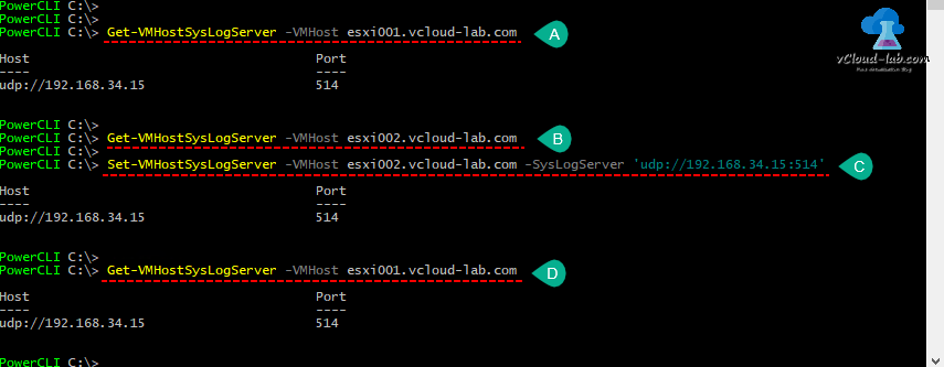 vmware vsphere vcenter esxi web client, powercli powershell, get-vmhostsyslogserver vmhost, set-vmhostsyslogserver syslogserver host udp tcp ssl port 514.png