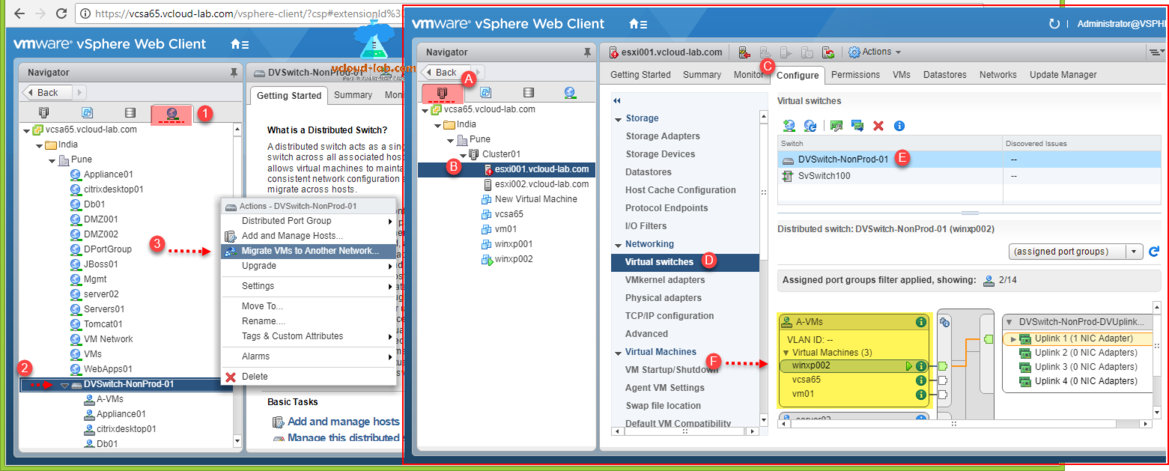 vmware vsphere web client, vCenter esxi, virtualization networking, distributed virtual switches, Migrate VMs to another network, Host and clusters view, standard switches, dvswitches