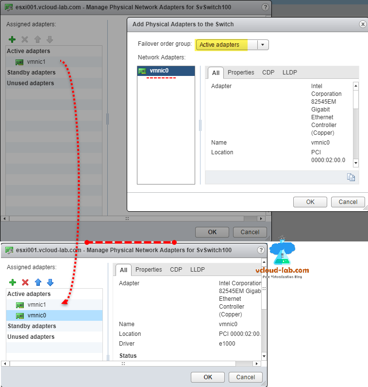 vmware vsphere esxi vcenter web client, manage physical network adapters for virtual switch, active, standby, unused adapters, cdp lldp, failover old groups, all , properties