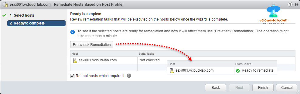 vmware vsphere web client, esxi, vcenter, remediate hosts based on host profile, pre-check remediation, reset root password, ready to remediate host profile