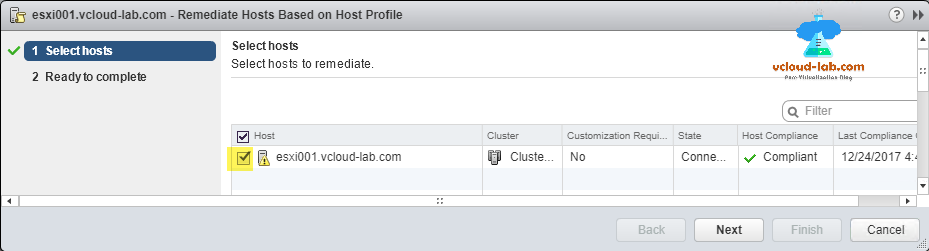 vmware vsphere web client, remediate hosts based on host profile, select hosts, esxi, and cluster