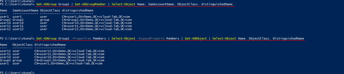 microsoft powershell active directory domain controller, ad module, get-adgroup, select-object, get-adobject, group, user, members.png