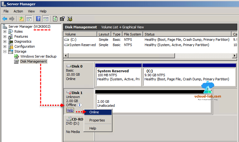 vmware vsphere web client, windows server disk management make disk online, virtual disk vmdk, server manager, manage disks