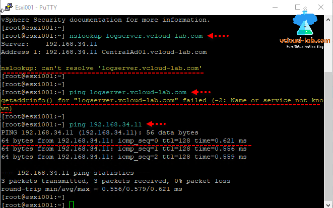 vmware vsphere esxi, putty enable ssh, secure shell, nslookup, ping syslog server failed, successded, syslog error
