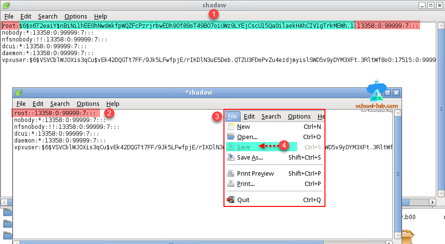 vmware vsphere esxi vi reset change root password using shadow file, passwd. esxi rroot reset using iso file of hiren bootable , root entry grep, vpxuser, daemon dcui, nobody