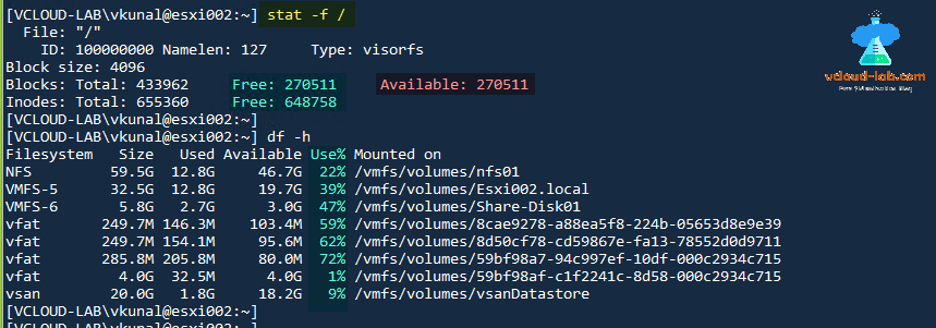 vmware vsphere esxi vcenter, stat -f root, df -h disk space, vmfs6, vmfs5, upload offline esxi bundle, winscp, files datastores free diskspacen used mounted on