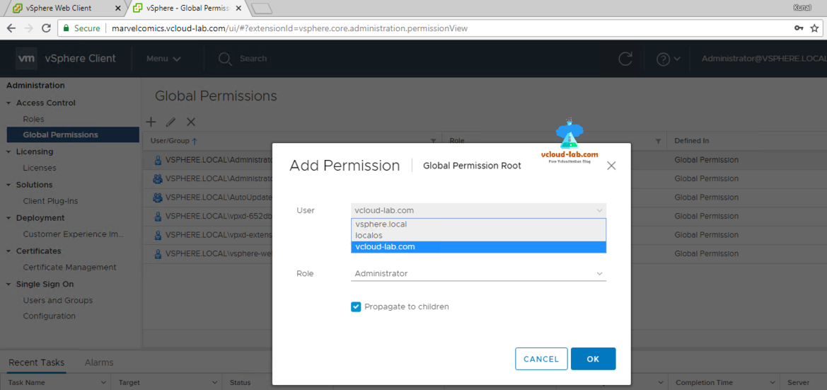 vmware vsphere client global permissions root add permission user and groups propagate to children administrator role.png