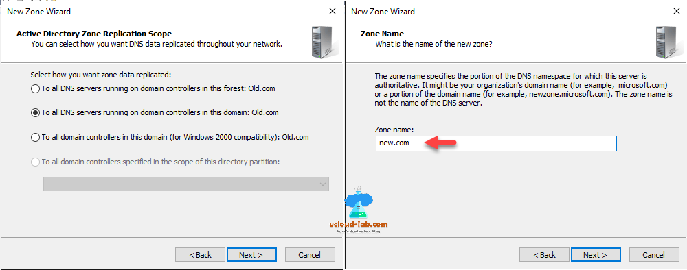 dns manager new zone wizard active directory zone replication scope, dns servers running on domain controllersj in domain and forest, zone name.png