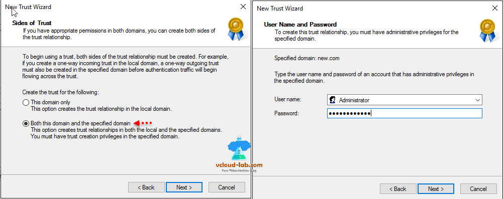 active directory domain and trusts sides of trust, specified domain, new trust wizard, user name and password cross domain admin rights