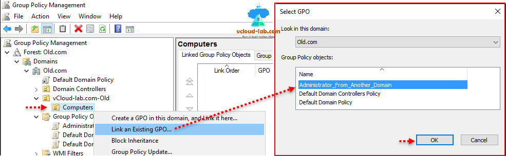 Group policy management gpedit, how to link an existing gpo to ou, organizational unit, select GPO look in this domain group policy objects, gpedit.msc.png