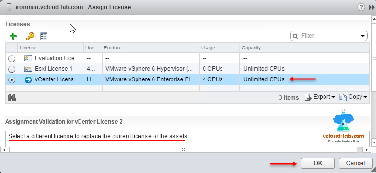 vmware vsphere web client assign license evaluation license vcenter and esxi license assignement validation assets, disconnected esxi hosts.png
