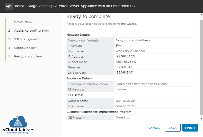 vmware vcenter server appliance vcsa set up ready to complete network details configuration ipv4 ipv6 vcsa time synchronization mode ssh access domain name dns gateway.png