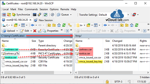 winscp scp vmware vsphere vcenter appliance vcsa server vmca vmware certificate authority certnew.cer p7b configure ssl certificate vcenter esxi server key csr files vmca_issued_csr, vmca_issued_key.png