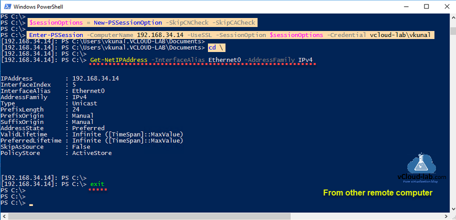 Microsoft Windows Powershell Enable-PSremoting -usessl -credential Invoke-Command New-PssesionOption -skipCNcheck -skipCAcheck Get-NetIPAddress PSremoting winrm wsman ssl certificate authority https 5986.png