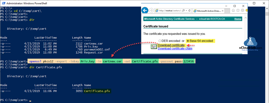 Microsoft Windows Powershell certificate openssl pkcs12 export inkey private key pfx passout replacing powershell remoting winrm wsman ssl https certificate thumbhash ca signed self cert.png