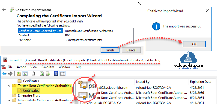 Powershell certificate local computer trusted root certification authorities, root ca subordinate ca, microsoft powershell remoting replace https ssl port 5986 import-pfxcertificate testing security.png