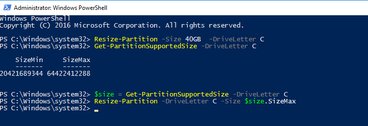Extend disksize Powershell Resize-partition size driveletter Get-PartitionSupportedSzie maxsize.png
