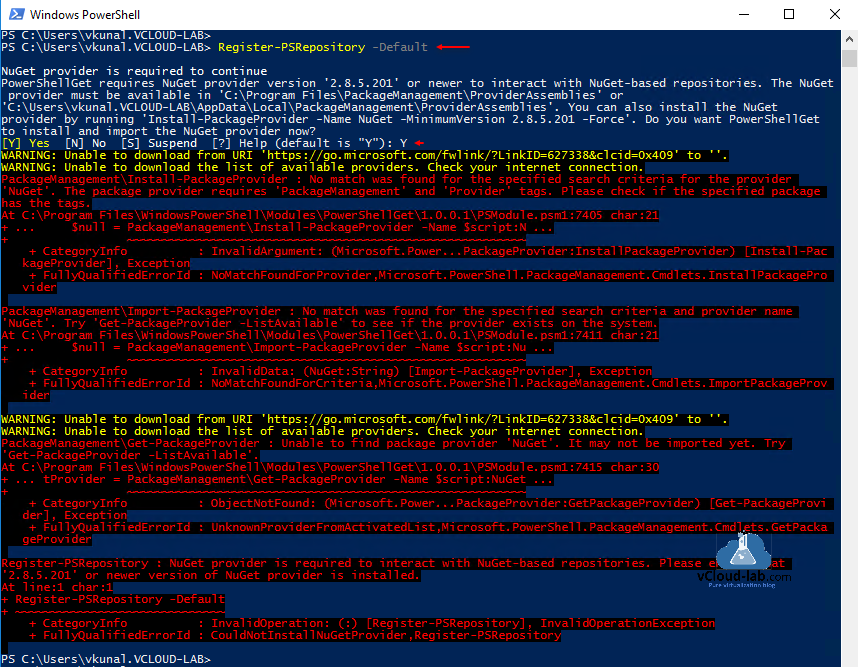 microsoft powershell register-psrepository -default get-psrepository nuget provider is required to continue powershellget requires nuget provider version or newer to interact with nuget-based repositories.png