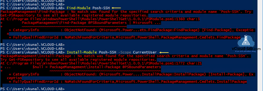 Microsoft powershell windows server find-module posh-ssh install-module -scope currentuser packagemangement install-pacakge no match was found for specified search criteria and module get-psrepository.png