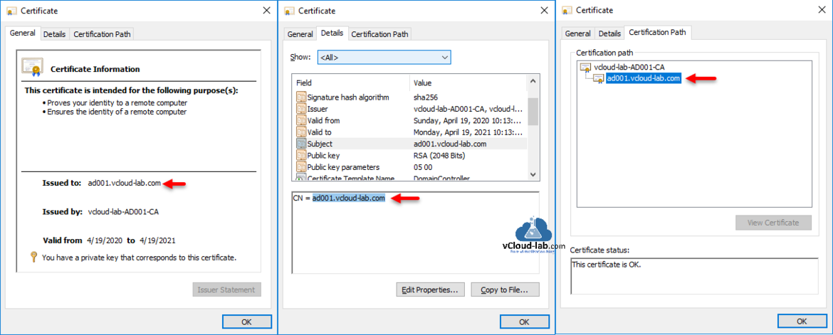 ldap over SSL certificate issued to subject name CN certification path public key parameter certificate template name valid vmware vsphere 7 identity federation certificate authority.png